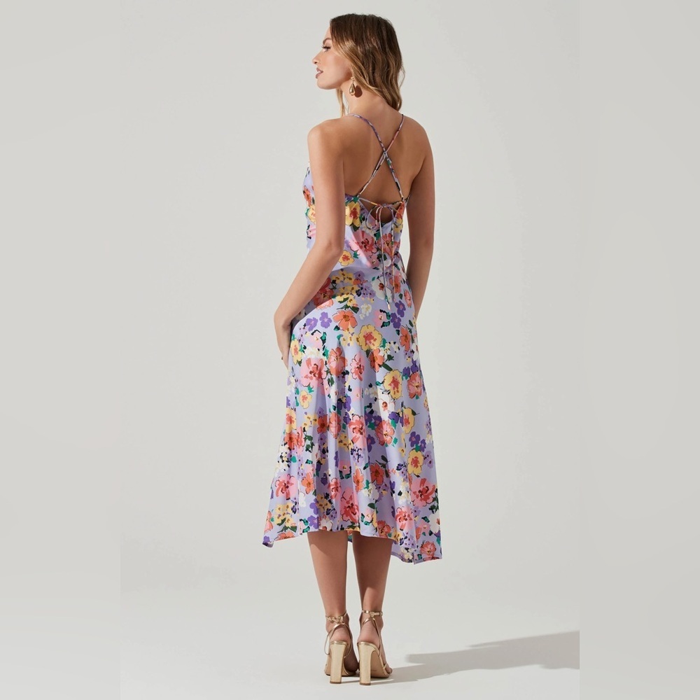 ASTR Gaia Draped Collar Satin Midi Dress in Periwinkle Floral Size Small NWT - Picture 9 of 13